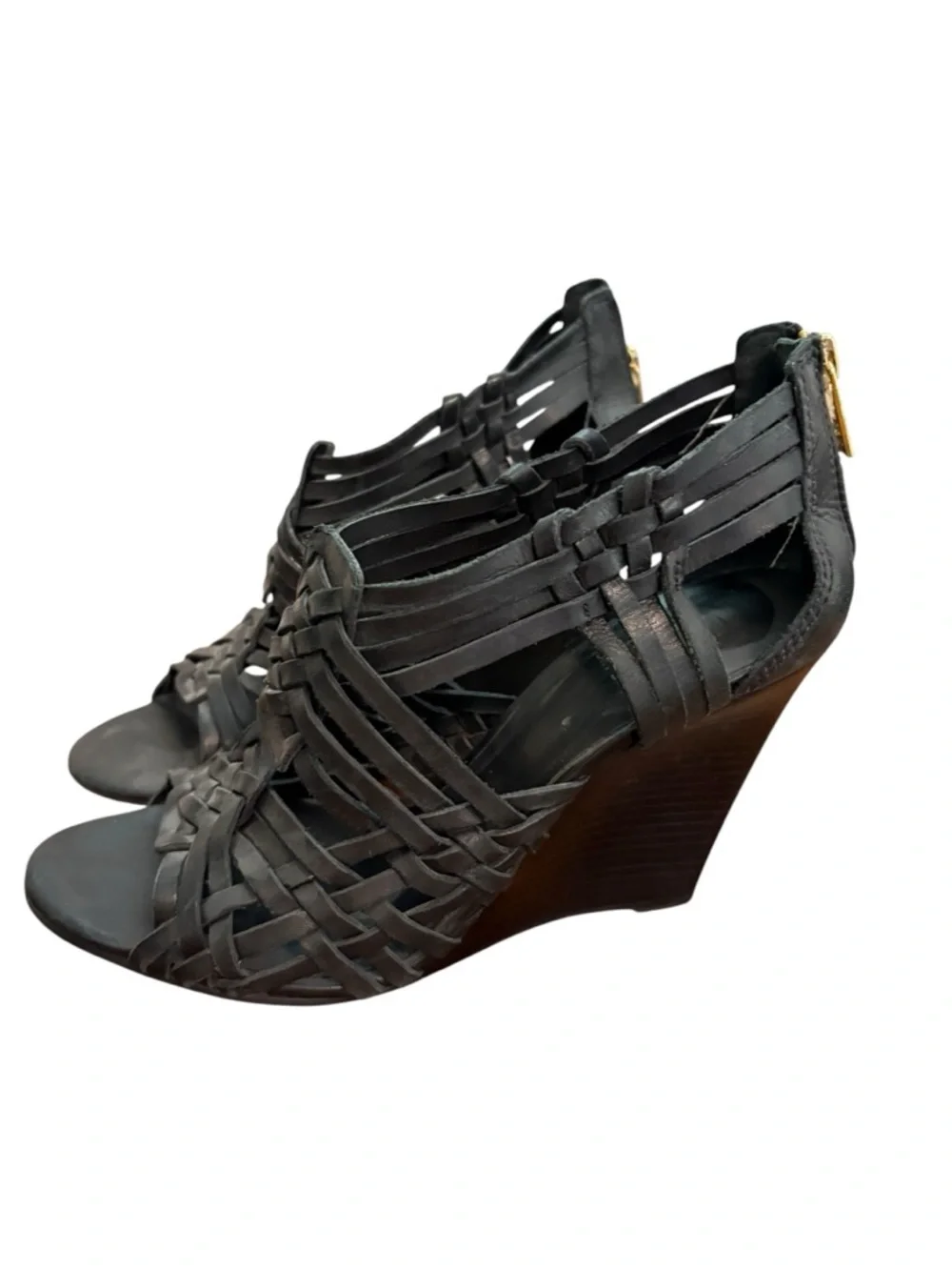 Tory Burch Strappy Woven Leather Wedges Black 9